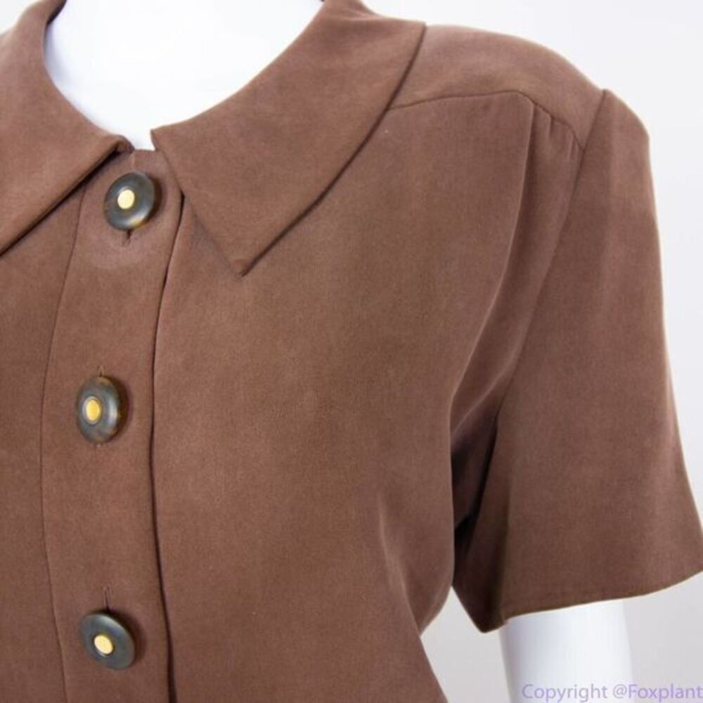 Vintage Spenser Jeremy 100% silk button down short‎ sleeves brown midi dress, 16 - Picture 8 of 16